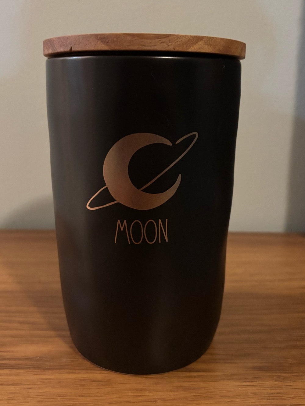 Rae Dunn Moon Canister gold crescent moon and Saturn ring graphic wooden lid new